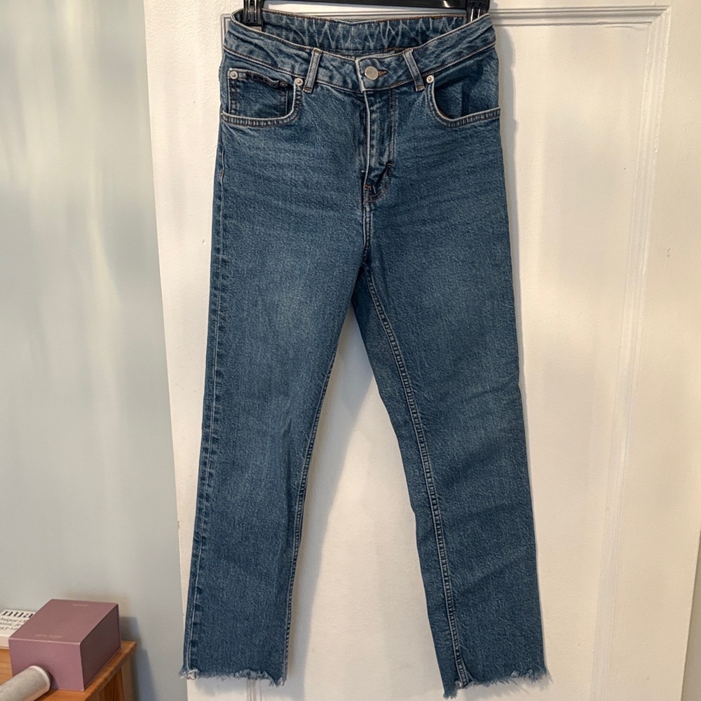 Maje Skinny Blue Jeans Frayed Hem Zip Fly